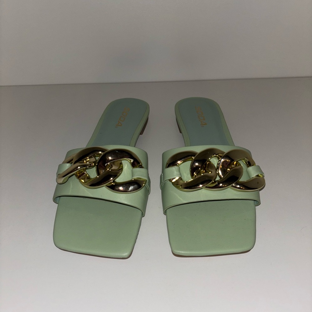 Elegant Mint and Gold Chain Slide Sandals